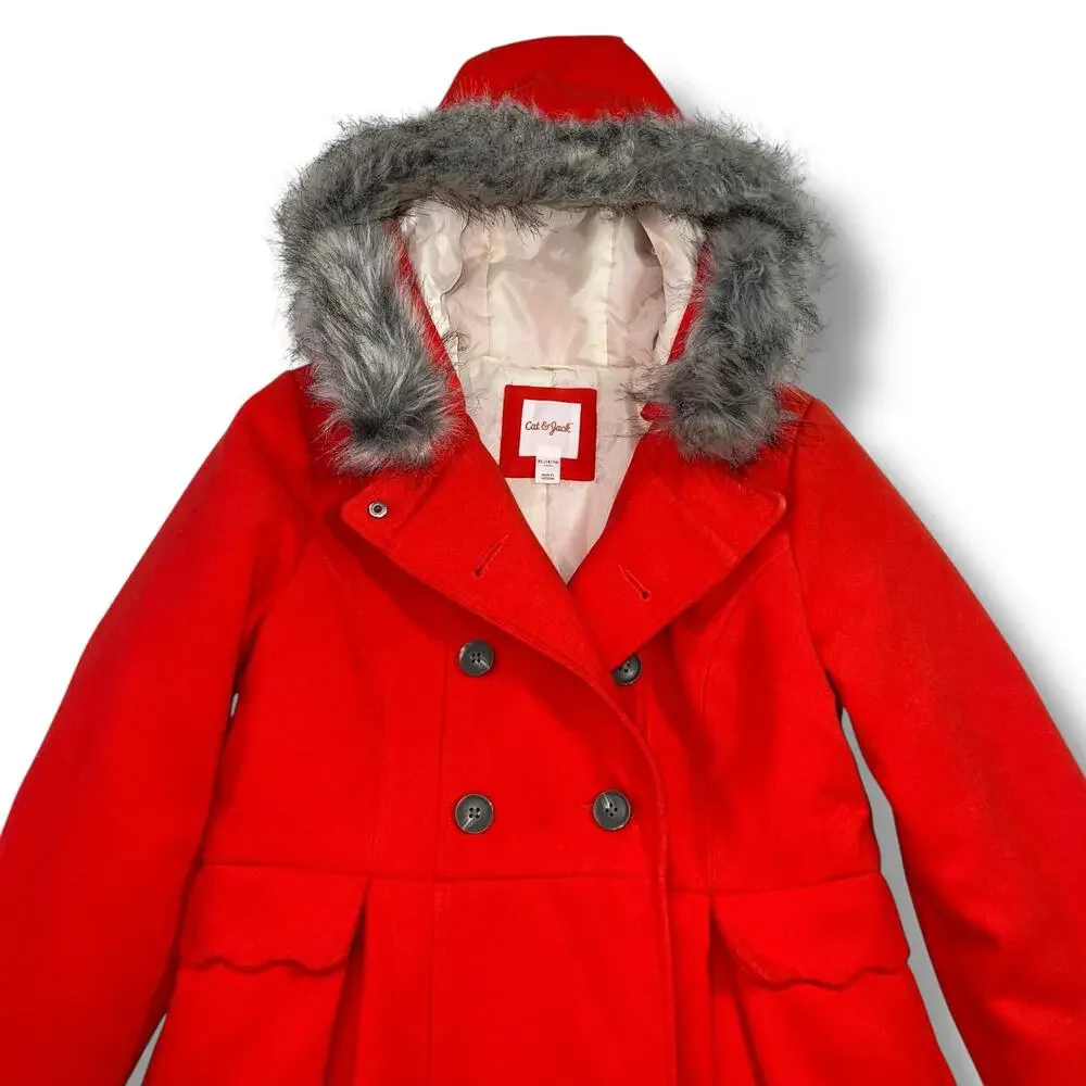 Cat & Jack Girls Dress Coat Jacket Faux Fur Hood Double Breasted Knee Length Red